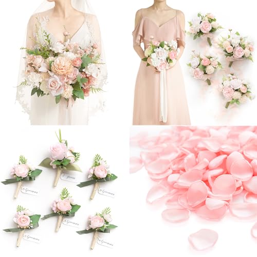 Ling's moment Wedding Artificial Flowers Package, Bridal Bouquet, Bridesmaid Bouquets, Boutonniere for Men, Rose Petals.Blush Pink - color: Pk-blush & Pink