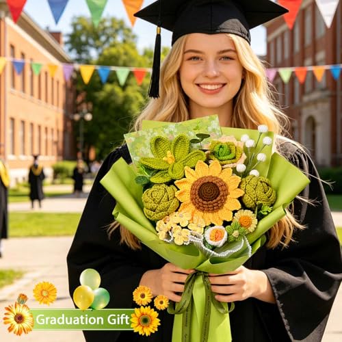 Crochet Flower Bouquet, Crochet Sunflower Bouquet, Green Knitted Flowers for Graduation or Back-to-School Gifts, Mother's Day, Father's Day, Anniversary, Birthday, Valentines Day Gifts (Large-Green) - color: Large-green