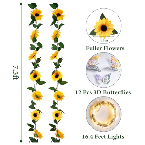 2 Pack Artificial Sunflower Garland with Lights Decor,Fake Hanging Sunflower Vines with Green Leaves,Silk Girasoles Flower Garlands for Birthday Wedding Tables Centerpieces Party Garden Decor - color: Yellow With Lights 2, size: 2 Pack with light