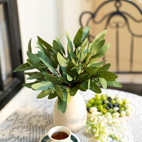 Avoeco 15 Pcs Faux Eucalyptus Stems – Real Touch Artificial Greenery with Seeded and Leaf Branches, Oilve Tree 14.5'' Tall for Vase, DIY Floral Arrangements, Wedding Bouquets, Home Décor, Centerpieces