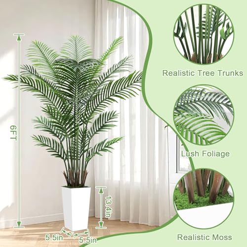 Artificial Palm Tree 6FT – Lifelike Fake Areca Palm Tree with White Tall Planter – Faux Indoor Tropical Floor Plant for Living Room Decor - color: White, size: 6ft