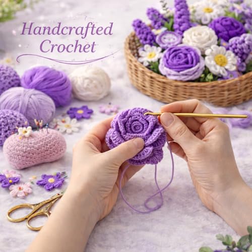 Handmade Crochet Flower Bouquet, Pink Rose & Carnation Knitted Flowers, Gift For Girlfriend, Birthday, Anniversary, Mother’s Day, Wedding Or Graduation (Includes Card) (Purple) - color: Purple