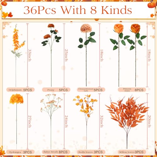 Suncalla 36 Pcs Caramel Artificial Flowers Bouquet Set 8 Kind Faux Delphinium Rose Peony Chrysanthemum Hydrangea Baby's Breath Florals with Greenery Long Stem for Wedding Table Vase Decor - color: Caramel