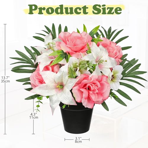 Hollyone Artificial Cemetery Flower for Graves, White Pink Faux Lily Rose Flowers in Pot Silk Cemetery Memorial Flowers for Outdoors Gravesites Headstones Home Decoration - color: Pink-rose Lily
