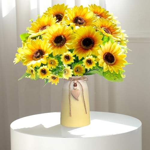 Artificial Sunflower Arrangement in Ceramic Vase – Fake Silk Sunflowers Table Centerpiece Decoration, Stylish Artificial Flowers with Vase for Home Table Dining Room - color: Yellow Vase