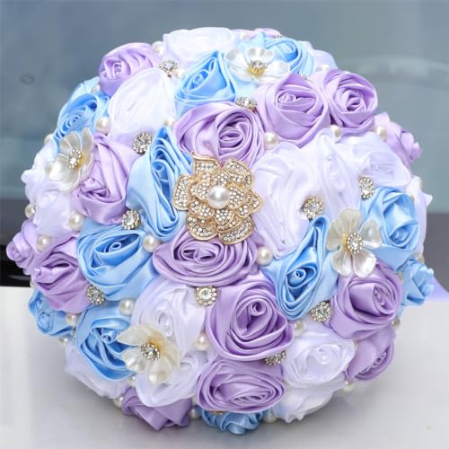 MaxxCloud 5.9‘’ Handmade Romantic Toss Bouquet for Bride Stunning Bridesmaid Brooch Wedding Bouquet with Jewelry Petals Blue Lavender and Ivory - color: Blue+lavender+ivory, size: 5.9''/15cm