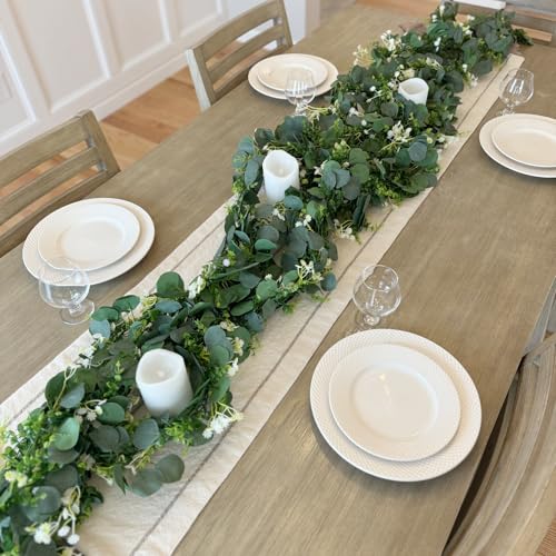 CQURE 4Pcs Eucalyptus Garland,Artificial Eucalyptus Leaves Table Greenery Garland Wreath Vines for Wedding Party Table Fireplace Bedroom Wall Room Decor - size: 23.6 Ft with Flowers