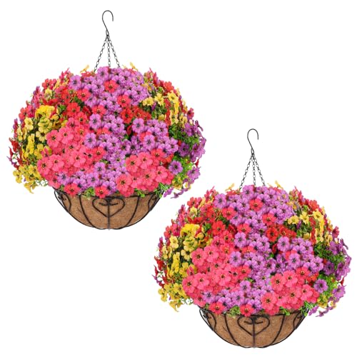2 Sets Artificial Hanging Flower for Outdoors, Fake Hanging Basket for Outside,2 Hanging Basket with 26 Pcs Faux Silk Flowers for Porch, Balcony and Patio Decor(Mixed) - color: Mixed, size: Hanging Artificial Flower(2 Pcs)