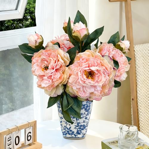 4 PCS Premium White Peonies Artificial Flowers,19.2’’Fake Faux Silk Peonies for Centerpieces Wedding Home Decor (4, Pink) - color: Pink
