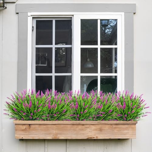 Bassion Artificial Flowers for Outdoors, 24 Bundles Fake Lavender Flowers UV Resistant Fuchsia Plastic Plants Faux Monkey Grass for Home Porch Garden Window Box Indoor Outdoor Decorations - color: Fuchsia, size: 24 Bundles