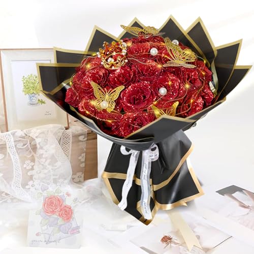 Red Glitter Roses Bouquet, 24 Pcs Shiny Glitter Flowers Bouquet, Everlasting DIY Artificial Roses Bouquet for Christmas, Birthday, Anniversary, Wedding, Engagement - color: Red-a, size: 24 PCS