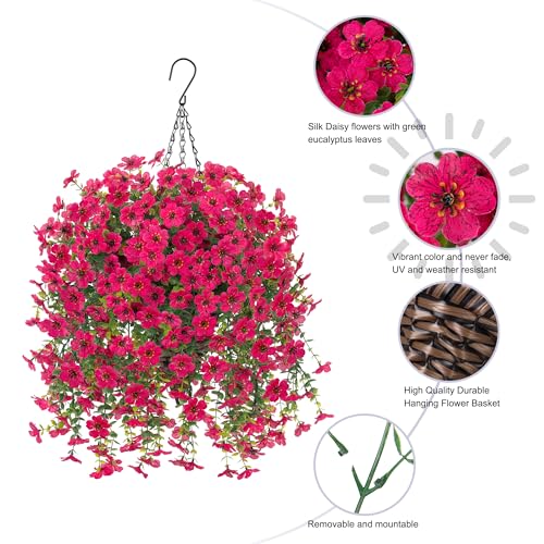 HyeFlora Artificial Hanging Flowers Basket for Outdoor, Fake Flowers Faux Plants Look Real for Yard Gardens Porch Patio Home (Hotpink) - color: Hotpink