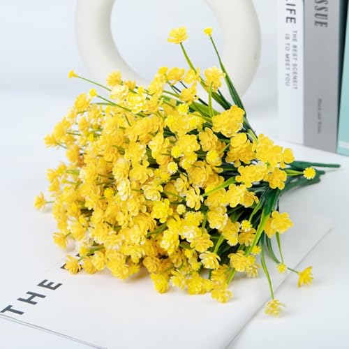 6 Bundles Artificial Flowers for Outdoors UV Resistant Fake Plastic Plants Faux Boston Fern Greenery Stems for Spring Summer Indoor Garden Patio Window Box Kitchen Home Decor (Yellow) - color: 6bundles--flower Yellow