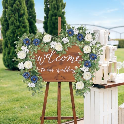 Betylifoy 2 Pack 6.2Ft Blue White Flower Garland Artificial Eucalyptus Flower Garlands Fake Peony Rose Floral Vines Silk Hydrangea Hanging Vine Greenery Garland for Wedding Party Table Backdrop Decor - color: Blue&white