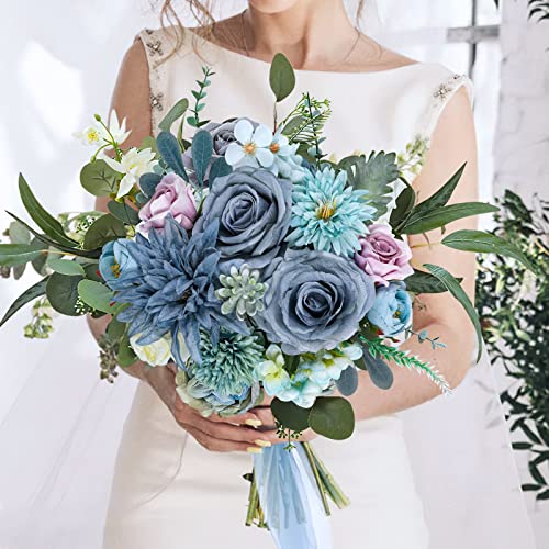 AmyHomie Blue Artificial Flowers Combo Silk Mix Peony Rose Hydrangea Fake Flowers w/Stem for DIY Wedding Bouquets Centerpieces Arrangements Table Decor Party Bridal Baby Shower Home Decorations - color: Blue