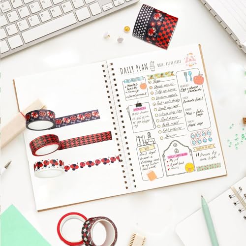 12 Rolls Insect Washi Tape, Seven Star Ladybug Masking Tape, Red Black Spots Decorative Tape for Journaling, Scrapbooking, DIY Crafts, Planner, Gift Wrapping, 16.4FT - color: H