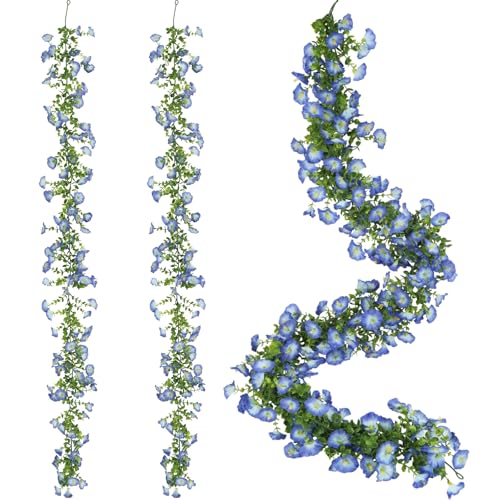 2 Pack Artificial Petunias Flowers Vine Garlands for Outdoor, 6FT Blue Morning Glory Fake Eucalyptus Hanging Flowers Plants for Home Garden Wall Wedding Decor(Blue) - color: Blue