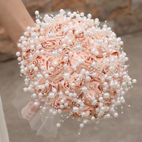 Small Bridal Wedding Bouquet Handmade with Luxury Pearl Lace Ribbon Satin Rose Flower Bouquet for Bridesmaid Bride Toss Wedding Peach Pink 6.3in - color: Peach Pink, size: Small (DIA. 6.3"/16cm)