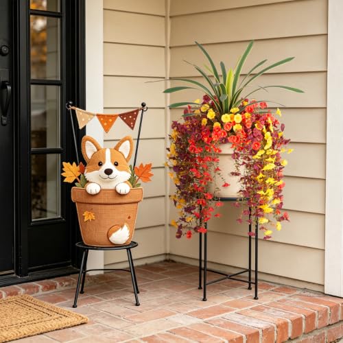 8 PCS Fall Artificial Morning Glory Flowers for Outdoors+Ochid Fake plants | UV Resistant Weatherproof for Indoor Outdoor Garden Patio Window Box Home Decor - color: Orange Brown Yellow Yellow-edged Leaf