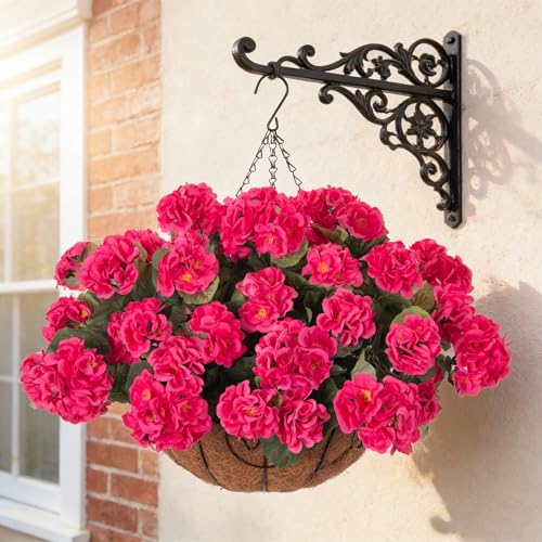 INSPRING Geraniums Artificial Flowers Hanging Basket for Outdoors Outside Spring Decoration, 8 Bundles Silk Flowers Fake Plants Look Real UV Resistant for Porch Home Patio Balcony Yard, Hotpink - color: Hotpink