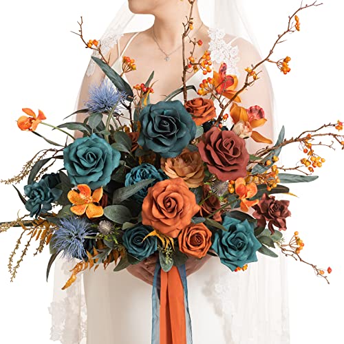 Ling's moment Teal Bridal Bouquet, Burnt Orange Wedding Bouquets for Bride, 15 Inch Silk Free Form Bridal Bouquets Artificial Wedding Flower Bouquet - color: Or-dark Teal & Burnt Orange, size: Medium 15 Inch