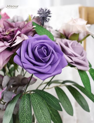 25pcs Artificial Flower，Real Looking Foam Roses w/Stem for DIY Wedding Bouquets Centerpieces Bridal Shower Party Decor-Shades of Series Purple - color: Shades of Series Purple