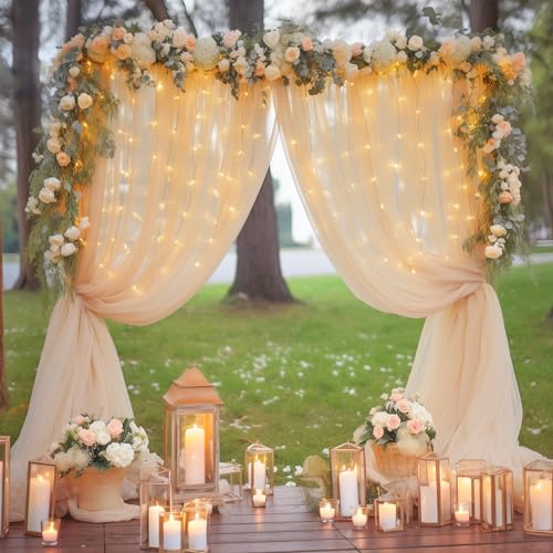 10ft x 8ft Champagne Backdrop Curtain with Lights String for Parties, Sheer Tulle Wedding Photo Backdrops Drapes for Baby Shower Birthday Party Decorations Background for Photography - color: Champagne, size: W5' x H8'(2 panels)