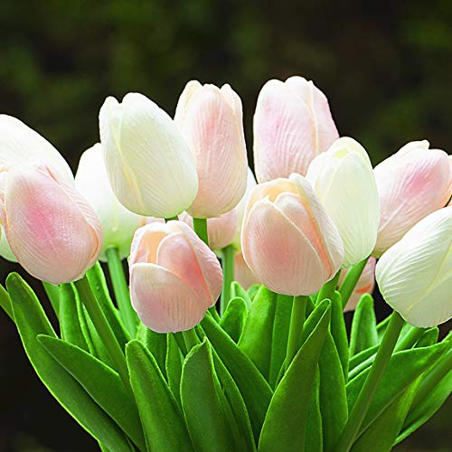 20 Pieces Artificial Real Touch Tulips Flower Arrangement in Glass Vase with Faux Water for Home Decoration (White Pink) - color: White Pink