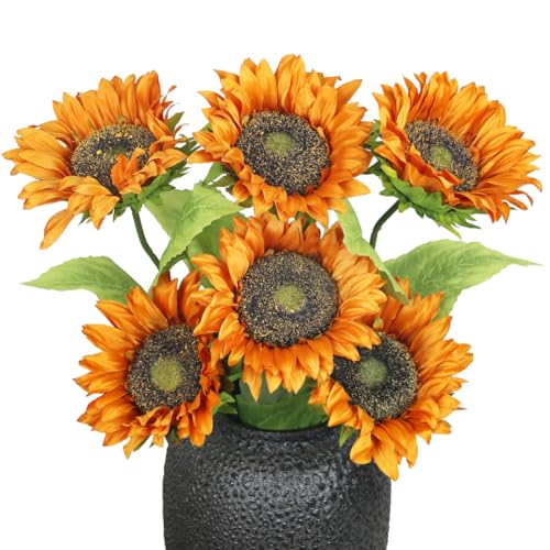 Olrla Artificial Sunflower Single Long Stem,6pcs Orange Silk Sunflowers for Flora Arrangements, Spring Decor, Home Office Table Centerpiece (NO VASE) - color: Orange Long Stem