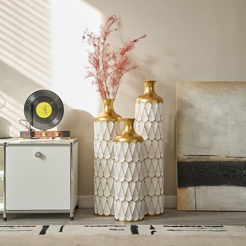 Large Floor Vases Set of 3 Pieces, White Metal Tall Vase Extra Big Home Decoration for Living Room Bedroom 22.8/27.1/31.5 inch - color: Floor Vase White Teardrop