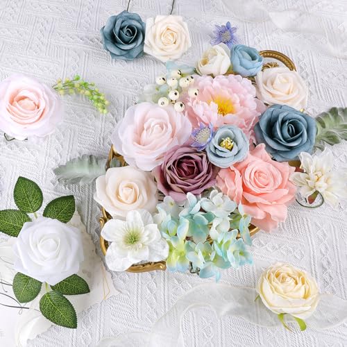 AGIRL Artificial Flowers Combo Silk Pink Roses Fake Flower with Stems for DIY Wedding Bouquets Centerpieces Arrangements Table Chair Decor Baby Shower Home Decor (Blue Pink) - color: Blue Pink