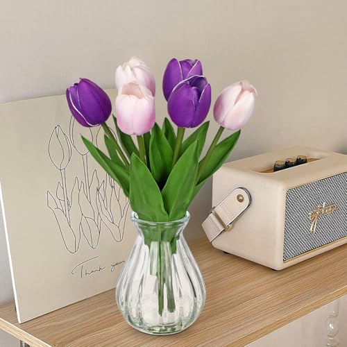 Faux Tulips Flowers Floral Arrangement - 6 Stems Artificial Flowers with Clear Glass Vase with Faux Water 12.5" Purple & Pink Bi-Color Fake Tulips Bouquet Centerpiece for Table Home Office Decor - color: Purple & Pink