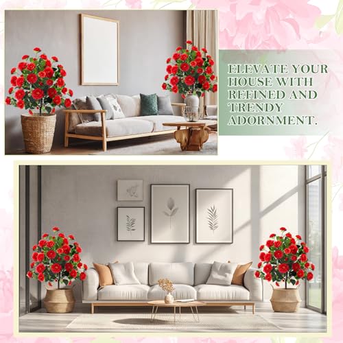 Lunmon 2 Pack 4ft Artificial Camellia Plants Tree Without Vase 48" Faux Camellia Flower with Spike UV Resistant Realistic Fake Floral Blooming Bush for Outdoor Front Door Porch Backyard Garden, Red - color: Red, size: 4 ft