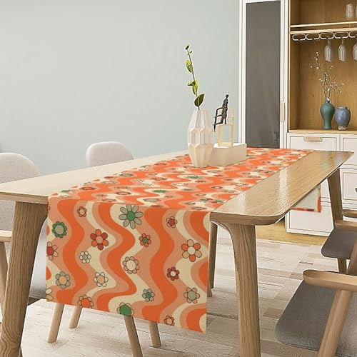Retro Groovy Hippie Table Runner Vintage Colorful Floral Geometric 1970s Boho Trendy Wavy Dinner Runner for Country Farmhouse Kitchen Birthday Party Holiday 36X13inch - color: Bohoflower-5, size: L36"x W13"