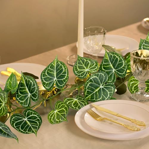 2Pcs Artificial Anthurium Leaves Vines 4ft Fake Hanging Plant Ivy Vines Greenery Garland Faux Tropical Vine Decor for Wall Jungle Luau Beach Birthday Party Indoor Outdoor Home Décor - color: Anthurium Crystallinum