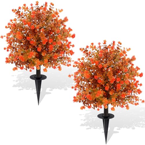 ENVEN Artificial Topiary Ball Trees with Ground Spikes UV Resistant Faux Greenery Shrubs Fake Shrubs for Outdoors, Realistic Faux Plants Bushes for Garden Porch Yard Patio Decor (Orange Eucalypt) - color: Orange Eucalypt