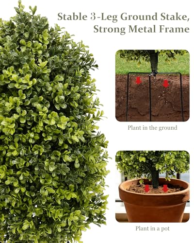 DDHS 25" Artificial Boxwood Topiary Ball Tree,2 Pack Plants Outdoor with Ground Spike UV Resistant, Fake Bushes Faux Topiary Bush Porch Garden Decor