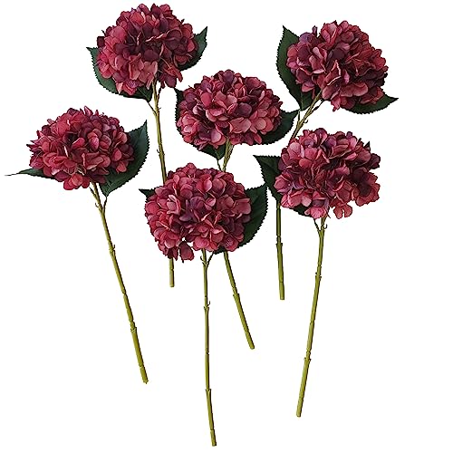 Red Hydrangea Artificial Flowers,6 Pcs Faux Hydrangea Flowers,Artificial Hydrangeas Flowers with Stems,Fake Hydrangeas,Red Silk Flowers with Stems for Home Decor (6, Dark red) - color: Dark Red