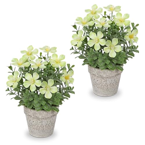 GnFlus Artificial Flower in Rustic Pot Yellow Fake Cherry Blossom with Leaves Potted Plant Farmhouse Spring Decor for Home Living Room Shelf Decor Enterway Table Decoration 2 Pack - color: Yellow