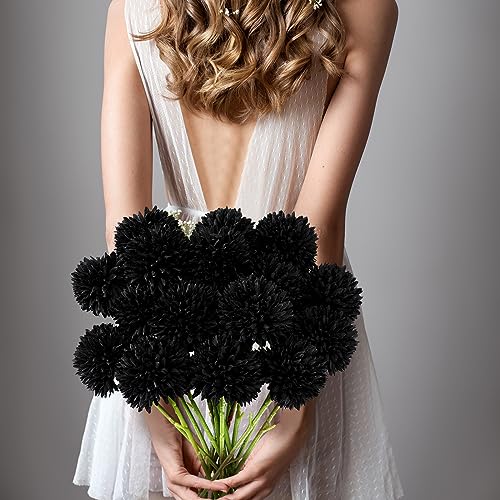 Xunyee 30 Pcs Halloween Artificial Black Flowers with Stems 2.76'' Large Black Faux Flowers Plants Faux Silk Chrysanthemum Ball Hydrangea Arrangements for Wedding Bouquet Floral Centerpiece Decoration