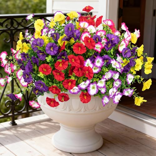 Bassion Artificial Flowers for Outdoors, 20 Bundles Silk Fake Flowers UV Resistant Realistic Morning Glory Faux Eucalyptus Plants for Outside Planters Porch Window Box Garden Indoor Decor - color: Multi Color
