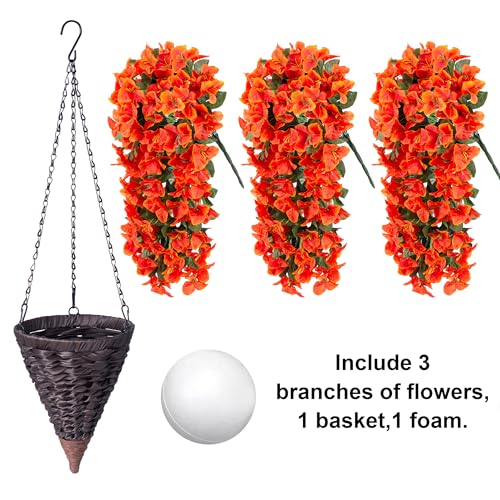 INSPRING Artificial Bougainvillea Faux Flowers Plants Baskets for Outdoor Outside Decoration, 3PCS Fake Silk Flowers Long Trailing Vines UV Resistant Realistic for Front Door Porch Patio (Orange) - color: Orange