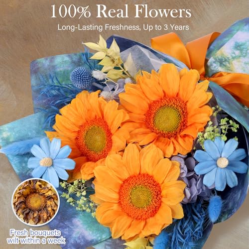 Forever Flowers for Delivery - Preserved Sunflowers Bouquet, Green Sunflowers that Last 3 Years, Eternal Flowers Bouquet, for Mom Grandma Wife, Anniversary Birthday Gifts for Women - color: Sunflower Blue