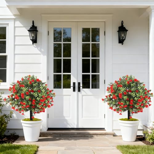 Artificial Topiary Bushes with Ground Spike Set of 2, Faux Boxwood Ball Trees for Outdoor, Fake Shrubs Bushes Decorations for Indoor Front Porch Garden - UV Resistant Faux Plants - Red Flowers - color: Red Azaleas
