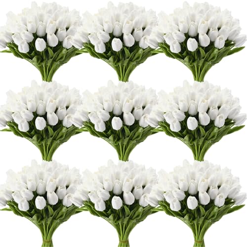 Janinka 75pcs Artificial Tulip Flowers Fake PU Tulips Faux Latex Bouquet Flower Centerpieces Arrangement Floral for Wedding Spring Decorations (1 Head,White) - color: White