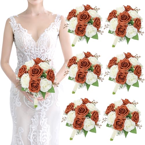 Artificial Bridesmaid Bouquets Set of 6 - Wedding Bouquet Burnt Orange Rose White Babys Breath 7 Inch Flower Bride Bouquet for Wedding Bridal Shower Centerpiece Ceremony Anniversary Fall Decorations - color: Orange & White, size: Set of 6 Bridesmaid Bouqu