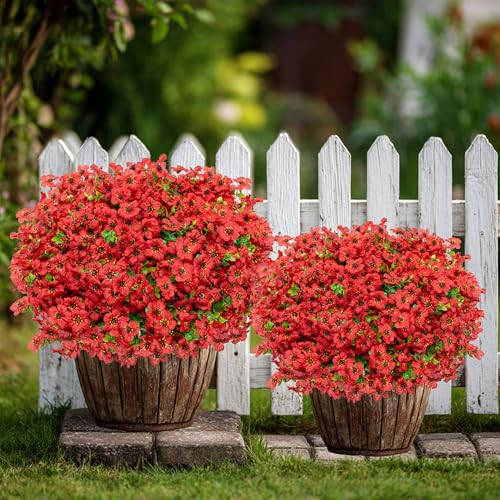 AXYLEX Artificial Flowers for Outdoors Fake Plants - 16 Bundles Faux Outside Greenery Boxwood No Fade Plastic Shrubs Fall Decor Farmhouse Home Garden Thanksgiving Mums (PureRed) - color: Purered