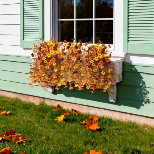Homsunny Artificial Faux Mums Fall Flowers for Outdoor Outside Decoration | 2 pcs fake fall silk flowers for outside,16 branches tips per bunch，realistic UV-resistant for home Porch balcony patio - color: Orange Yellow Brown