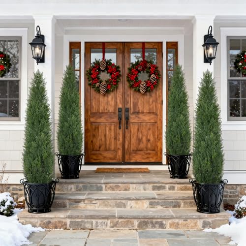 Artificial Cedar Topiary Trees 5 FT Faux Cedar Tree for Outdoor Planters Evergreen Plant, 60 inch UV Rated and Lush Fake Cypress Tree Shrubs for Gateway Front Door Porch Patio Garden, Set of 2 - color: Deep Green, size: 5 FT