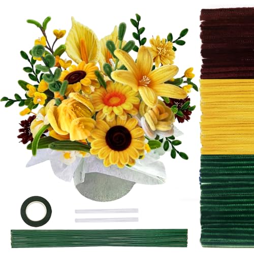 TOAOB 200pcs Pipe Cleaners Craft DIY Sunflowers Bouquets Making Kit Chenille Stems Artificial Flowers Craft Kit for DIY Art and Crafts Home Decorations Yellow Brown Dark Green - color: Yellow/Brown/Dark green